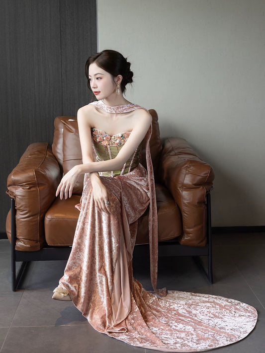 Cute Mermaid Sweetheart Pink Velvet With Scarf Date Night Outfits Semi Formal Prom Wedding Guest Dresses RB5359