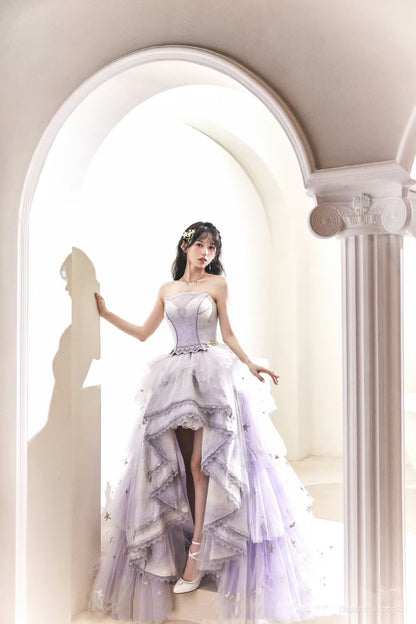 Princess High Low Strapless Purple Satin With Lace Prom Dresses Long Party Dress Grad Formal Evening Gowns AB2171