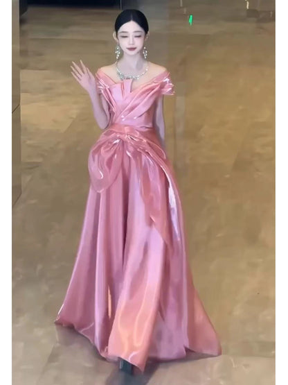 Classy A Line Off The Shoulder Pink With Short Sleeves Long Party Gowns Prom Dresses N2025