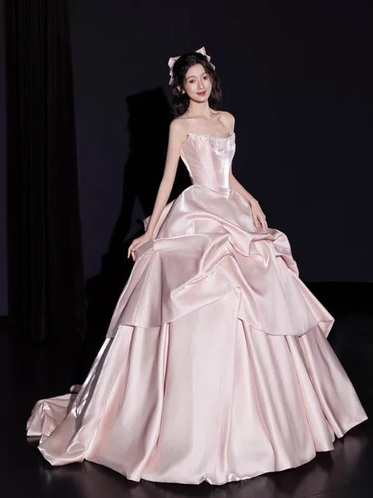 Cute Ball Gown Strapless Pink Satin Sweet 16 Dresses Quinceanera Dress Long 15 Vestidos De Fiesta N2027