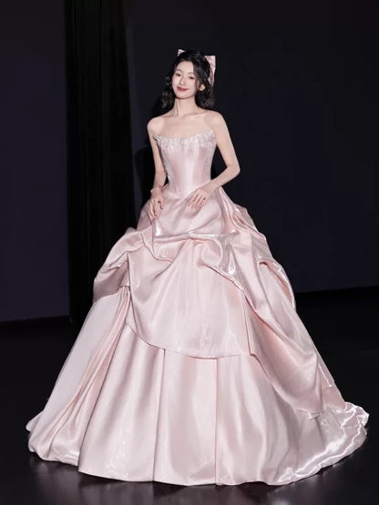 Cute Ball Gown Strapless Pink Satin Sweet 16 Dresses Quinceanera Dress Long 15 Vestidos De Fiesta N2027