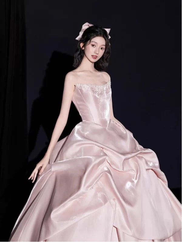Cute Ball Gown Strapless Pink Satin Sweet 16 Dresses Quinceanera Dress Long 15 Vestidos De Fiesta N2027
