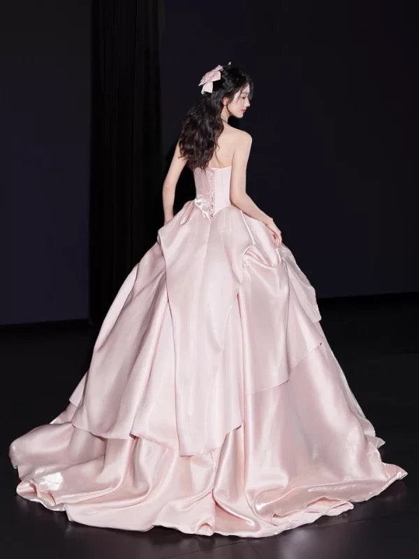 Cute Ball Gown Strapless Pink Satin Sweet 16 Dresses Quinceanera Dress Long 15 Vestidos De Fiesta N2027