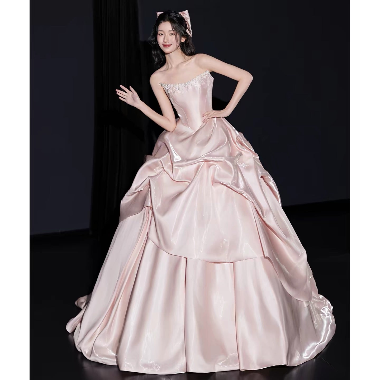 Cute Ball Gown Strapless Pink Satin Sweet 16 Dresses Quinceanera Dress Long 15 Vestidos De Fiesta N2027
