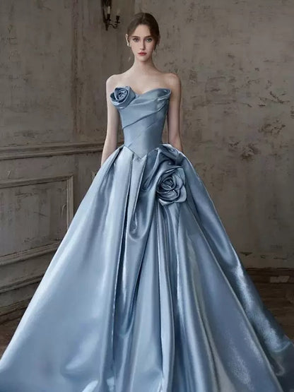 Mignonne Robe de Bal Cœur avec Fleurs Bleues Longues Robes de Soirée Robes de Bal N2029