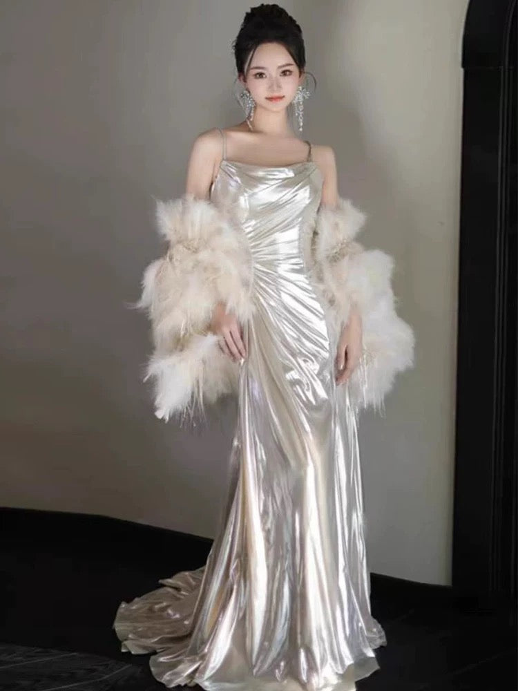 Élégante robe de soirée sirène longue à bretelles spaghetti et volants Robes de bal N2033