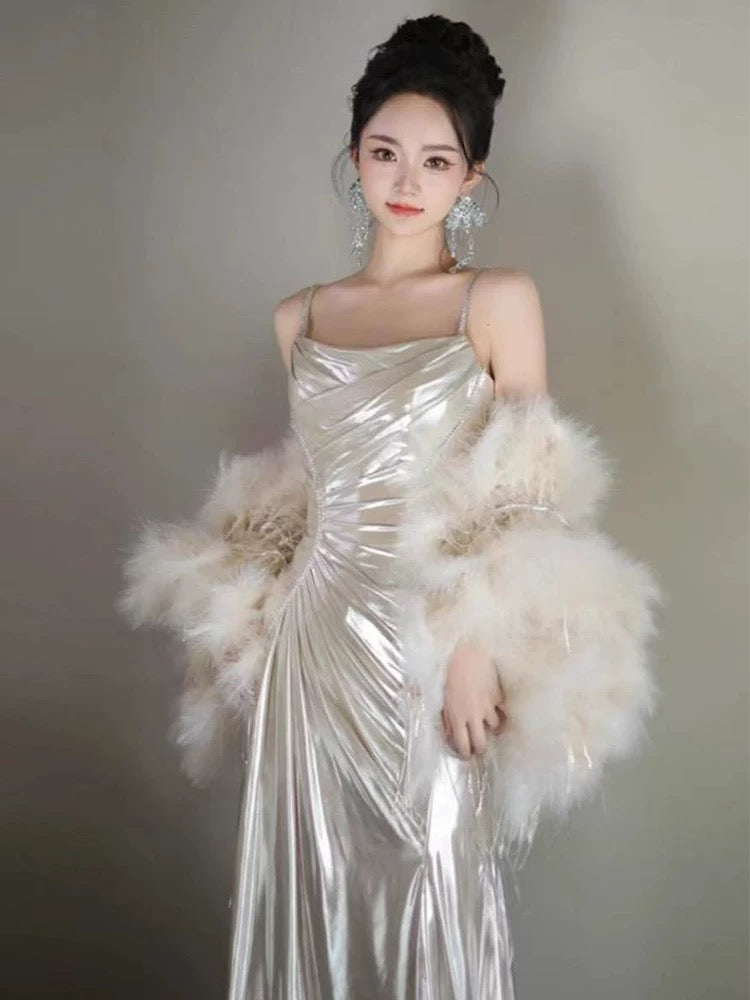 Élégante robe de soirée sirène longue à bretelles spaghetti et volants Robes de bal N2033