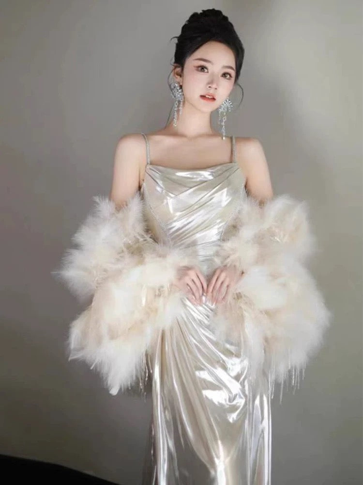 Élégante robe de soirée sirène longue à bretelles spaghetti et volants Robes de bal N2033