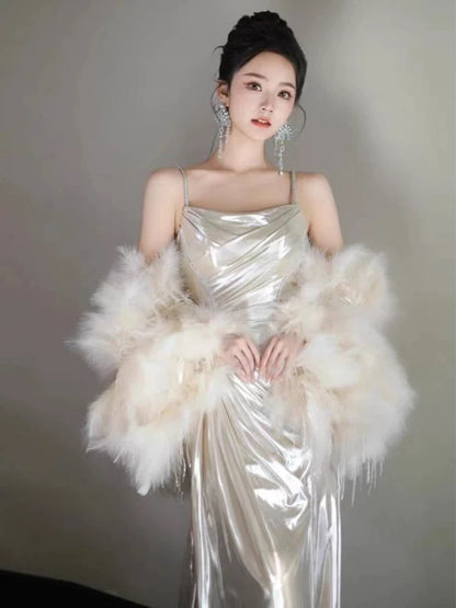 Élégante robe de soirée sirène longue à bretelles spaghetti et volants Robes de bal N2033