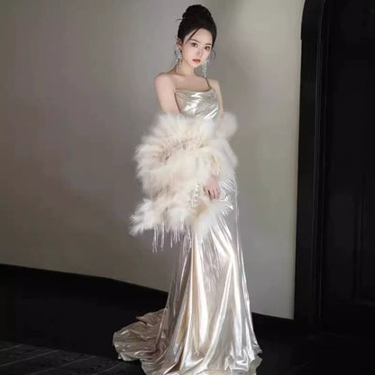 Élégante robe de soirée sirène longue à bretelles spaghetti et volants Robes de bal N2033