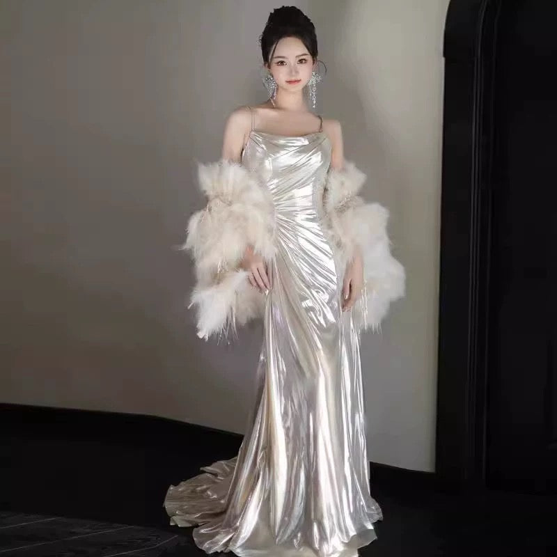 Élégante robe de soirée sirène longue à bretelles spaghetti et volants Robes de bal N2033