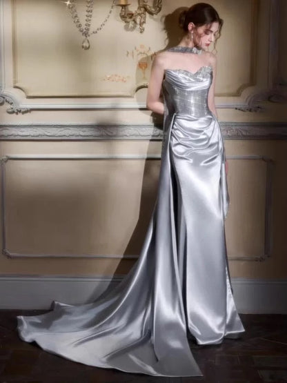 Elegante Meerjungfrau Herz-Ausschnitt Silbergrau Mit Rüschen Langes Partykleid Ballkleid N2034