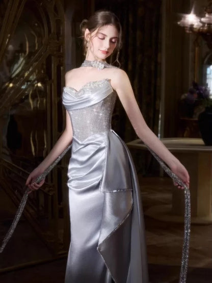 Elegante Meerjungfrau Herz-Ausschnitt Silbergrau Mit Rüschen Langes Partykleid Ballkleid N2034