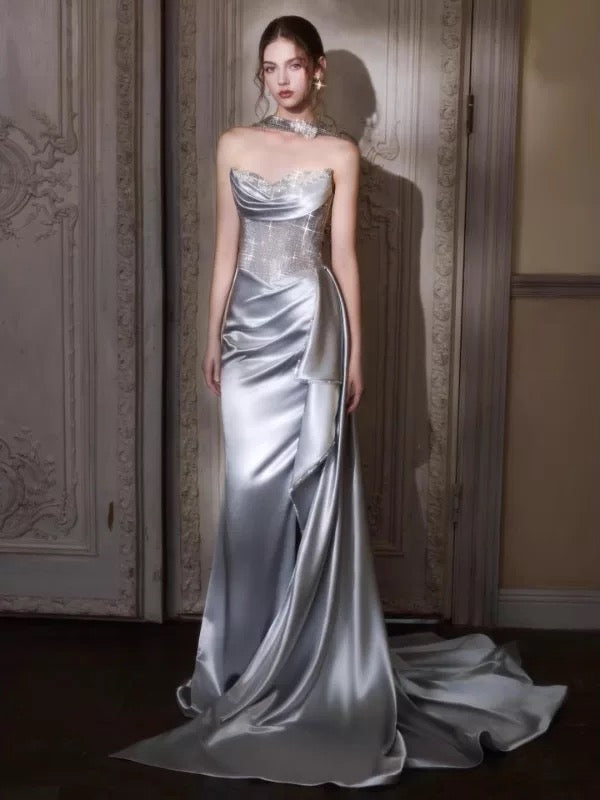 Elegante Meerjungfrau Herz-Ausschnitt Silbergrau Mit Rüschen Langes Partykleid Ballkleid N2034