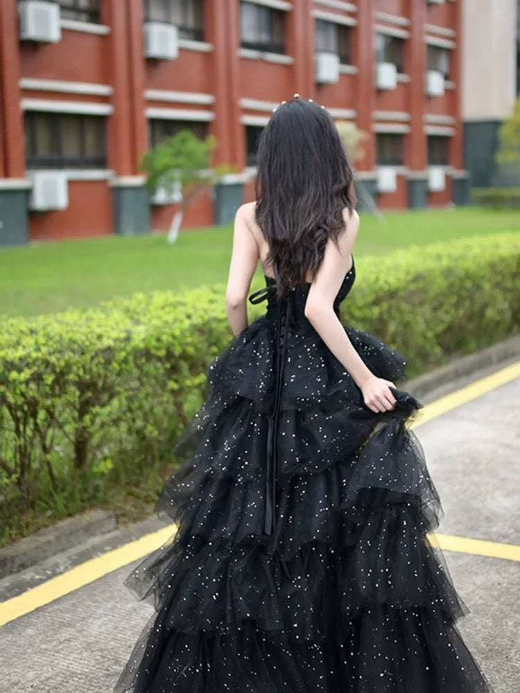 Cute Ball Gown Strapless Black Tulle Split Long Party Gowns Prom Dresses N2035