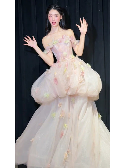 Cute Ball Gown Off The Shoulder Pink Tulle Sweet 16 Dresses Quinceanera Dress Long 15 Vestidos De Fiesta N2036