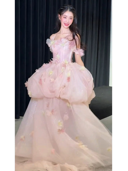 Cute Ball Gown Off The Shoulder Pink Tulle Sweet 16 Dresses Quinceanera Dress Long 15 Vestidos De Fiesta N2036