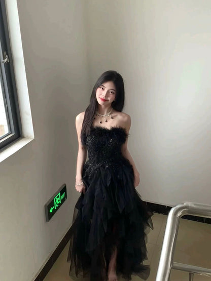 Elegantes A-Linien-Sweetheart-Kleid aus schwarzem Tüll mit Rüschen, lange Partykleider Ballkleider N2037