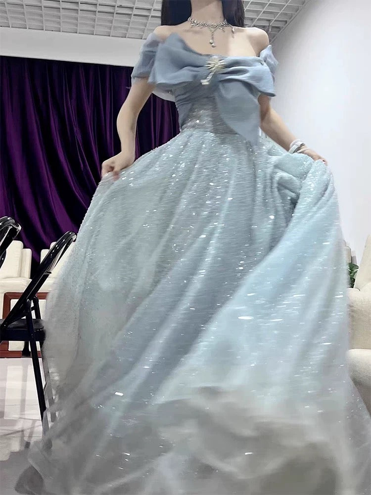 Jolie robe de bal asymétrique en tulle bleu, longues robes de soirée, robes de bal N2038