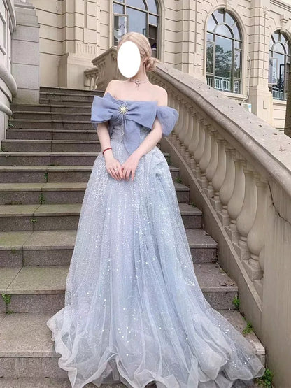 Jolie robe de bal asymétrique en tulle bleu, longues robes de soirée, robes de bal N2038
