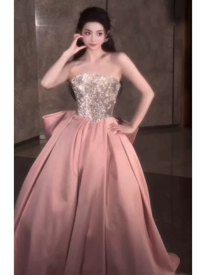 Cute Ball Gown Strapless Pink Satin Formal Long Party Gowns Prom Dresses N2041