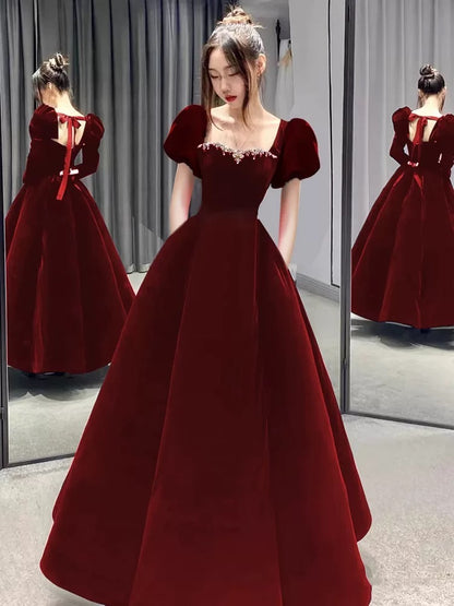 Niedliches Ballkleid mit eckigem Ausschnitt, burgunderrotes Samt, langes Abendkleid, Partykleid, modische Abendkleider N1804
