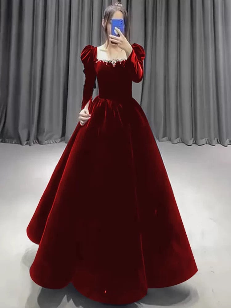 Niedliches Ballkleid mit eckigem Ausschnitt, burgunderrotes Samt, langes Abendkleid, Partykleid, modische Abendkleider N1804