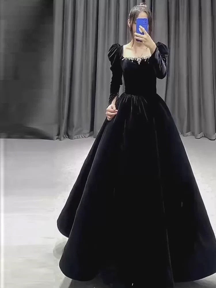 Niedliches Ballkleid mit eckigem Ausschnitt, burgunderrotes Samt, langes Abendkleid, Partykleid, modische Abendkleider N1804