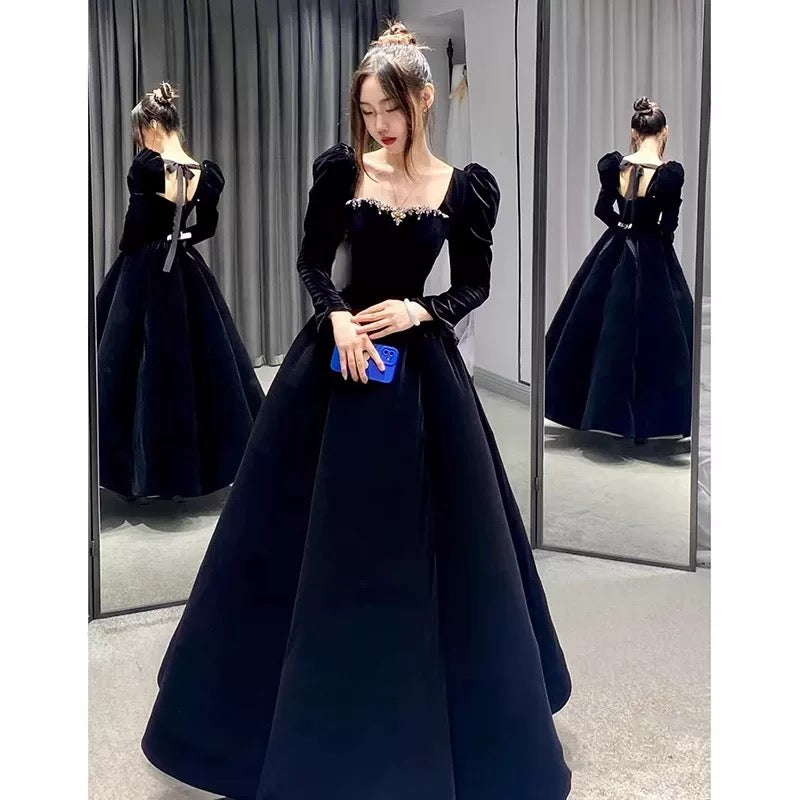 Niedliches Ballkleid mit eckigem Ausschnitt, burgunderrotes Samt, langes Abendkleid, Partykleid, modische Abendkleider N1804