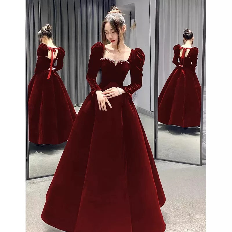 Niedliches Ballkleid mit eckigem Ausschnitt, burgunderrotes Samt, langes Abendkleid, Partykleid, modische Abendkleider N1804