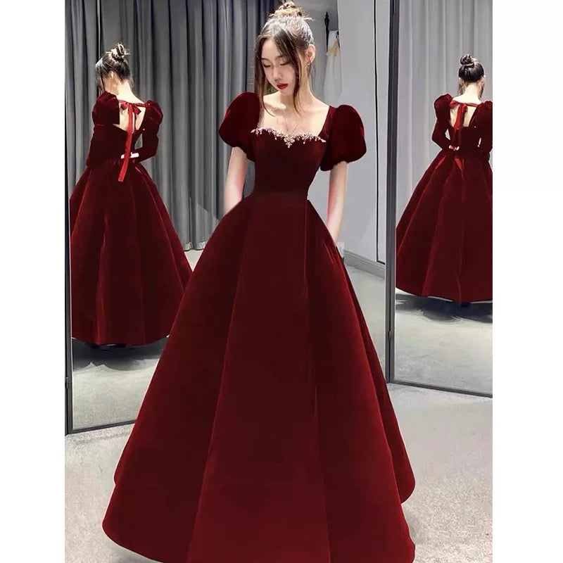 Niedliches Ballkleid mit eckigem Ausschnitt, burgunderrotes Samt, langes Abendkleid, Partykleid, modische Abendkleider N1804
