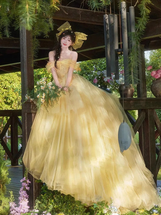 Cute Ball Gown Off The Shoulder Yellow Tulle Sweet 16 Dresses Quinceanera Dress Long 15 Vestidos De Fiesta N1805