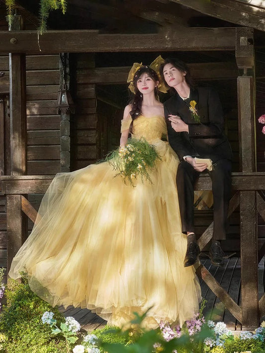 Cute Ball Gown Off The Shoulder Yellow Tulle Sweet 16 Dresses Quinceanera Dress Long 15 Vestidos De Fiesta N1805