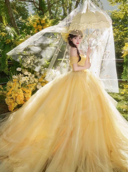 Robe de bal jaune en tulle à épaules dénudées, idéale pour les 16 ans et les quinceañeras (taille 15), modèle N1805