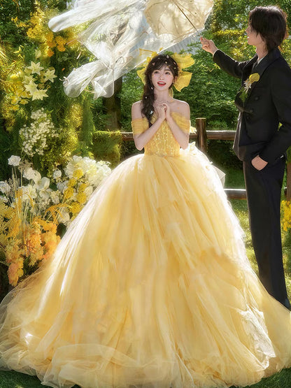 Robe de bal jaune en tulle à épaules dénudées, idéale pour les 16 ans et les quinceañeras (taille 15), modèle N1805