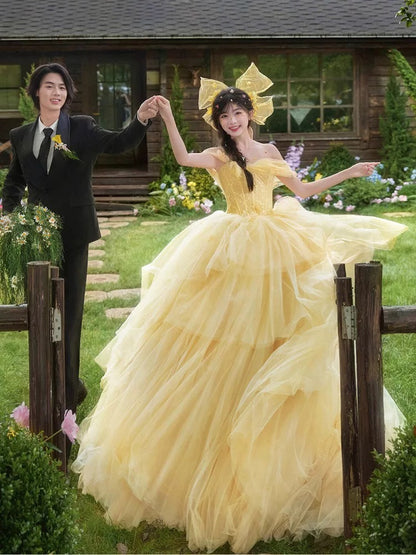 Robe de bal jaune en tulle à épaules dénudées, idéale pour les 16 ans et les quinceañeras (taille 15), modèle N1805