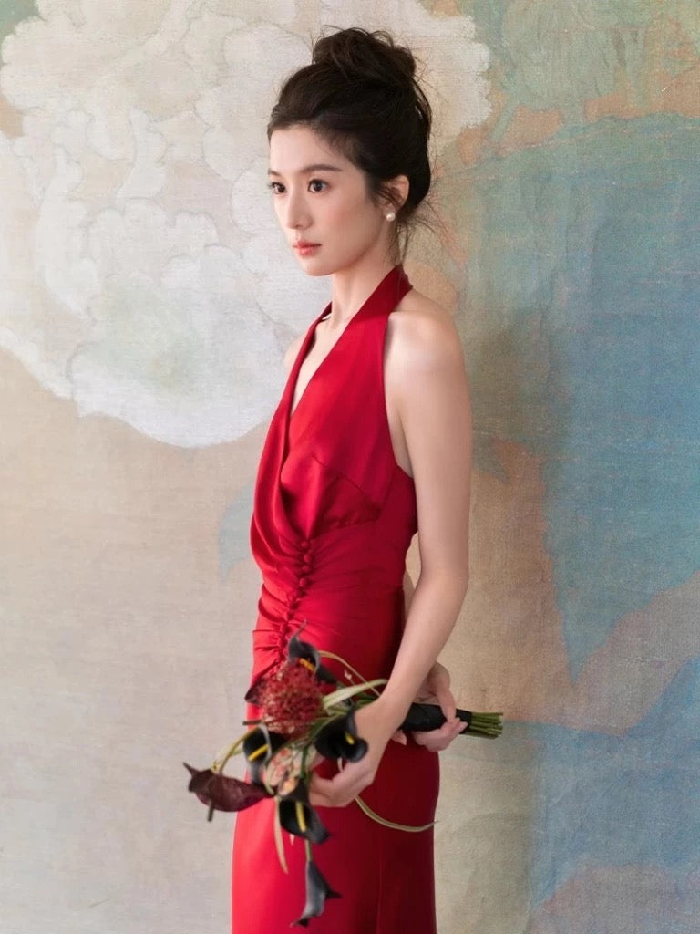 Robe de soirée fourreau dos nu rouge satinée longue N1806