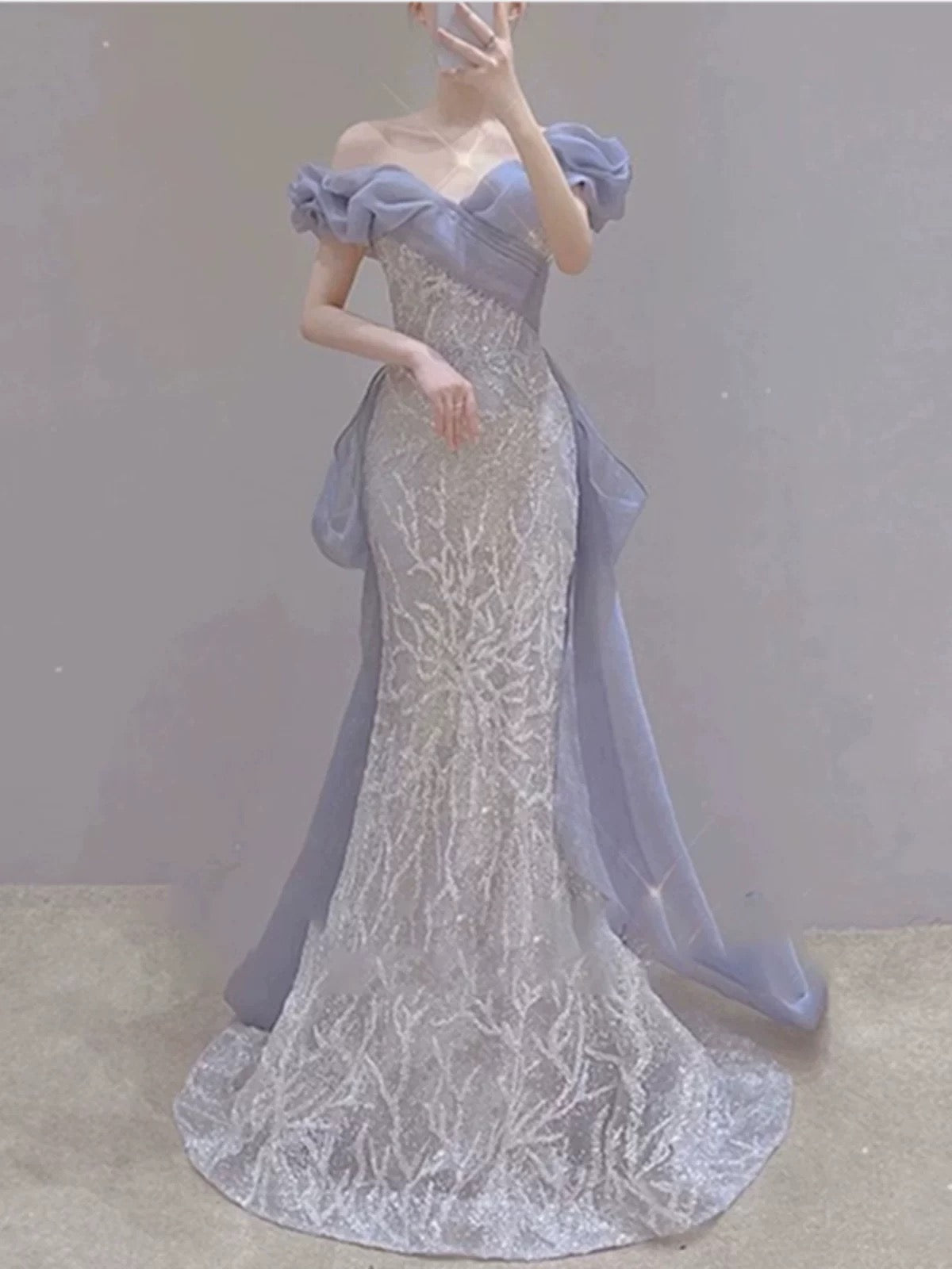 Robe de soirée sexy sirène à épaules dénudées lilas à sequins et manches longues, robe de bal, tenue de soirée, robe tendance N1811