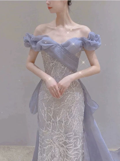 Robe de soirée sexy sirène à épaules dénudées lilas à sequins et manches longues, robe de bal, tenue de soirée, robe tendance N1811