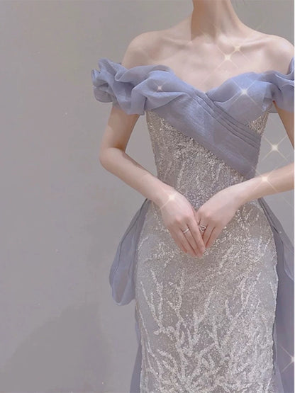 Robe de soirée sexy sirène à épaules dénudées lilas à sequins et manches longues, robe de bal, tenue de soirée, robe tendance N1811