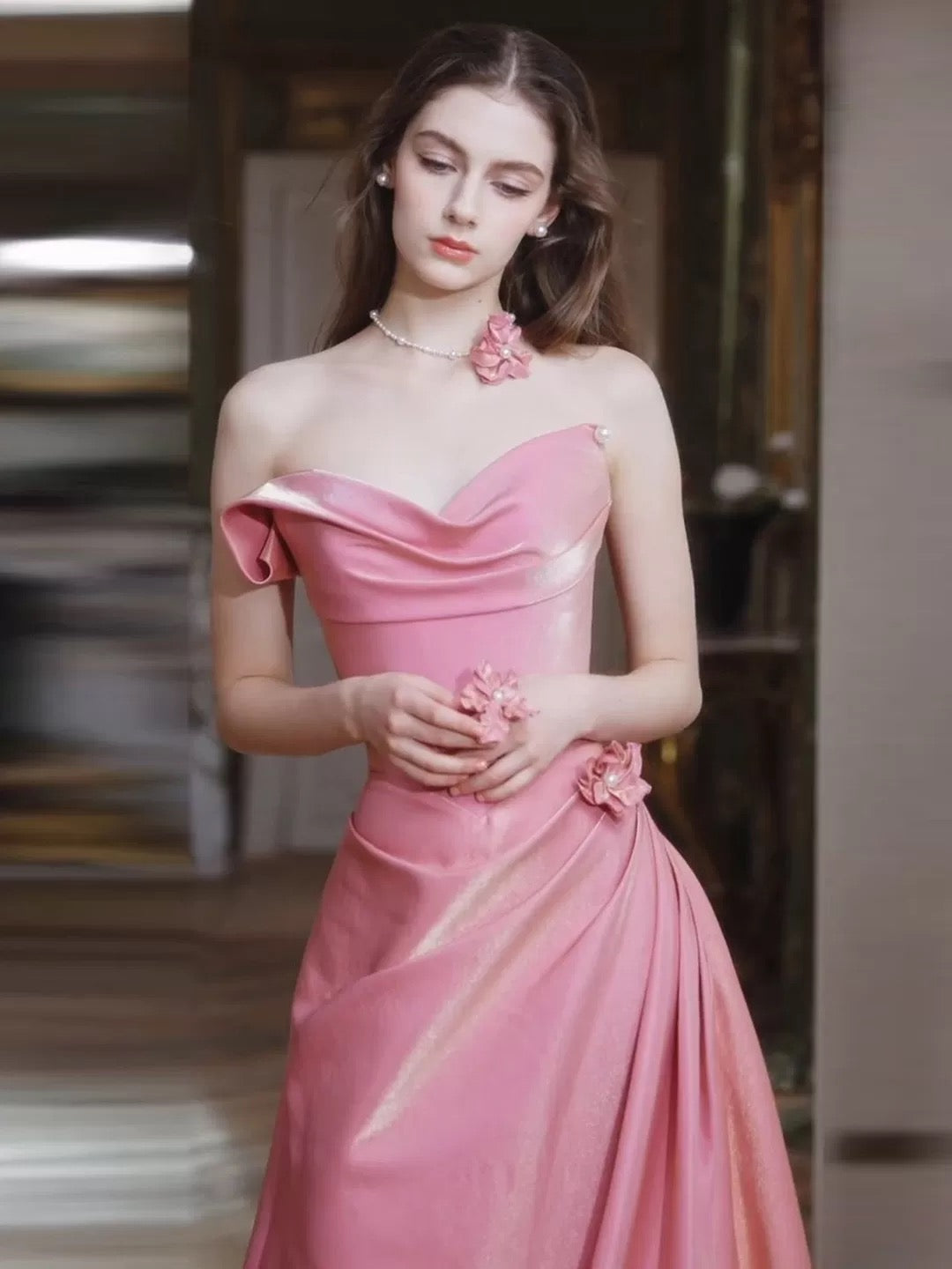 Robe de soirée fourreau pour femme, décolleté cœur, en satin rose, longue, robe de bal, tenue de soirée, robe tendance N1807