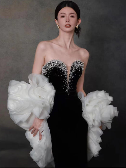 Robe de soirée sexy sirène noire décolletée avec cape, longue robe de bal, tenue de soirée, robe tendance N1808