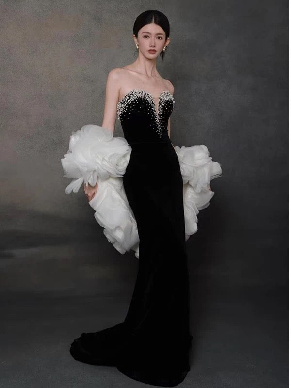 Robe de soirée sexy sirène noire décolletée avec cape, longue robe de bal, tenue de soirée, robe tendance N1808