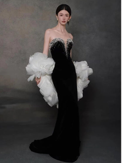 Robe de soirée sexy sirène noire décolletée avec cape, longue robe de bal, tenue de soirée, robe tendance N1808