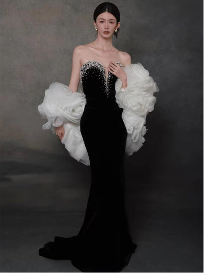 Robe de soirée sexy sirène noire décolletée avec cape, longue robe de bal, tenue de soirée, robe tendance N1808