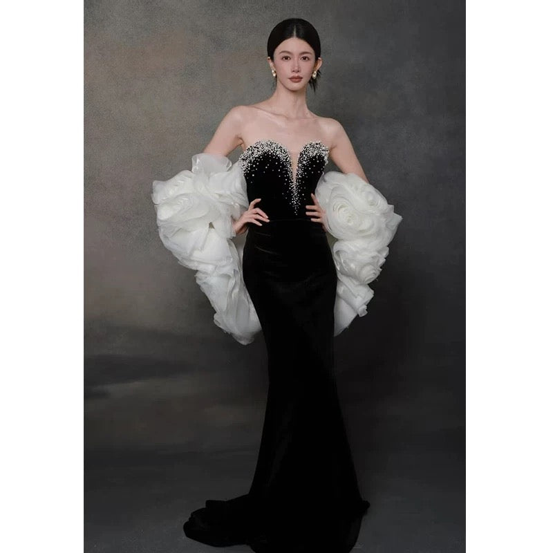 Robe de soirée sexy sirène noire décolletée avec cape, longue robe de bal, tenue de soirée, robe tendance N1808
