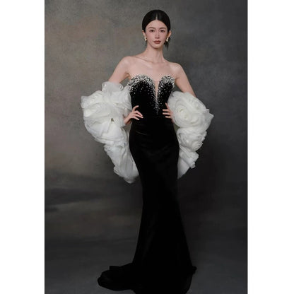 Robe de soirée sexy sirène noire décolletée avec cape, longue robe de bal, tenue de soirée, robe tendance N1808