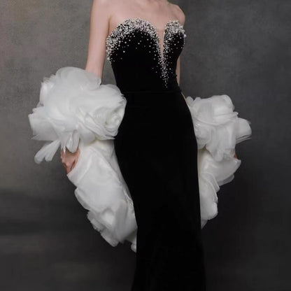 Robe de soirée sexy sirène noire décolletée avec cape, longue robe de bal, tenue de soirée, robe tendance N1808