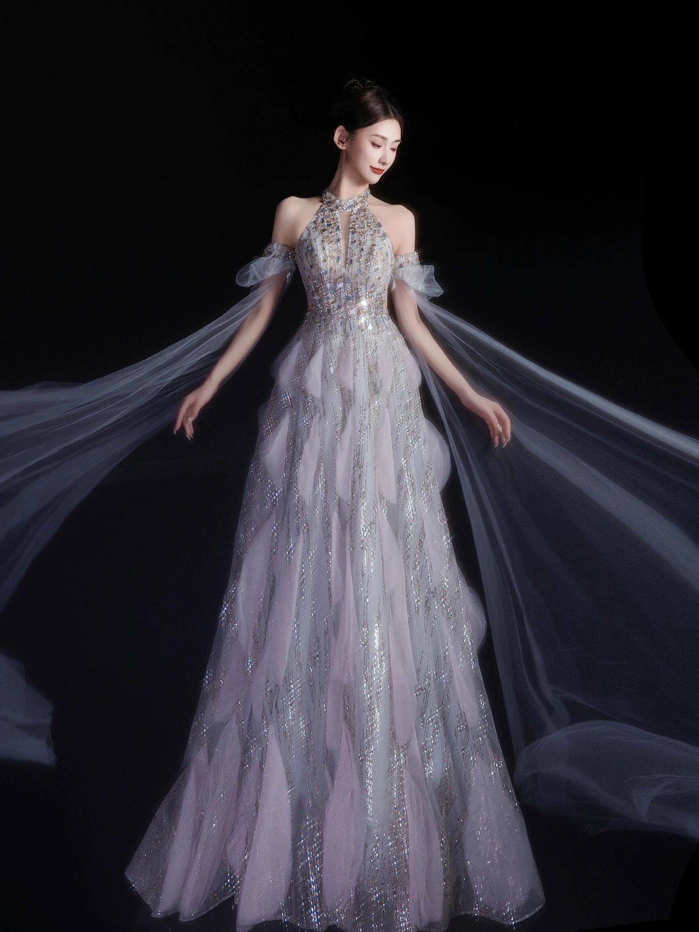 Robe de soirée sexy pour femme, coupe trapèze, col montant, sequins lilas, manches longues, robe de bal, tenue de soirée, robe tendance N1810