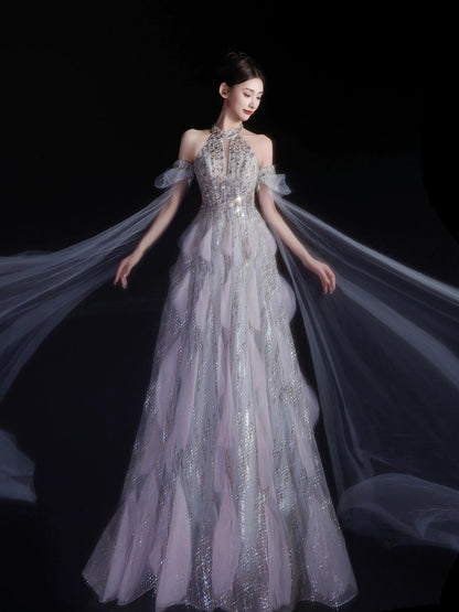 Robe de soirée sexy pour femme, coupe trapèze, col montant, sequins lilas, manches longues, robe de bal, tenue de soirée, robe tendance N1810